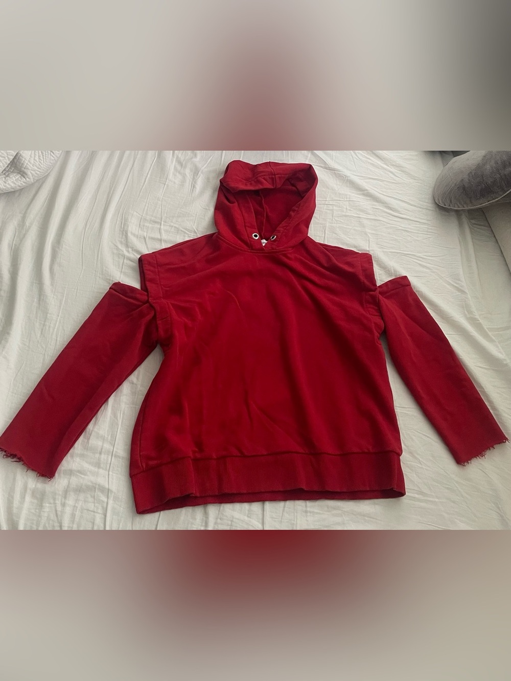 Red Cold-Shoulder Hoodie Sweater - Women's Crew Neck in Cotton
